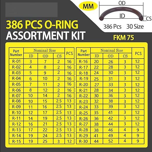 386PCS FKM 75A de haute durabilité, kit brun pour les joints de réparation de robinets automobiles